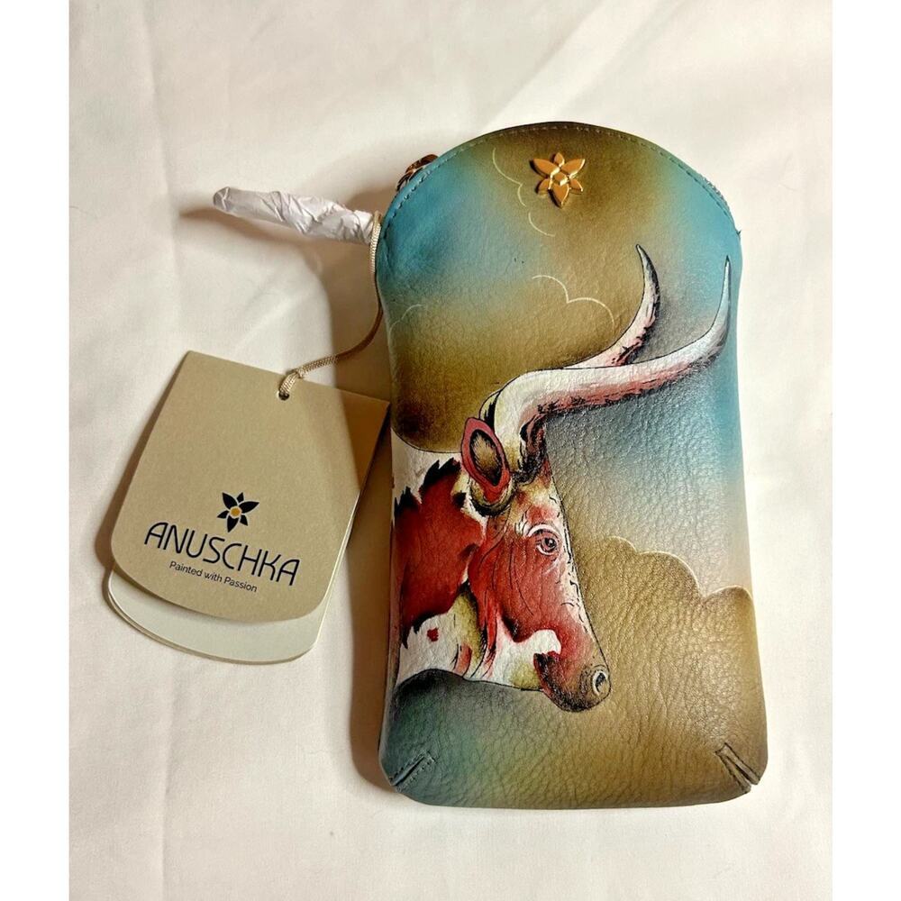 Anuschka Hand Painted Leather Phone Case Pouch Texas Longhorn One Size - Picture 4 of 7